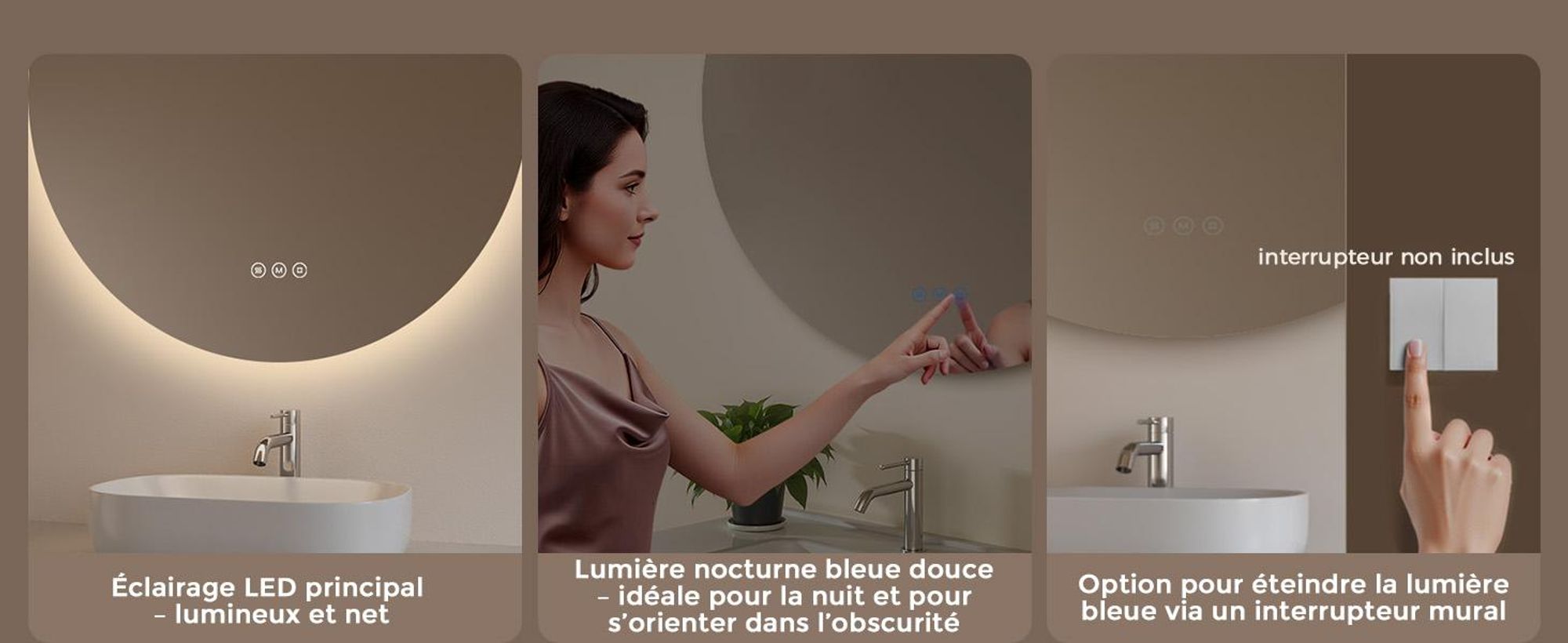 S'AFIELINA miroir de salle de bain LED rond miroir de salle de bain mural avec interrupteur tactile,3 couleurs de lumière 3000/4000/6500K 70 cm