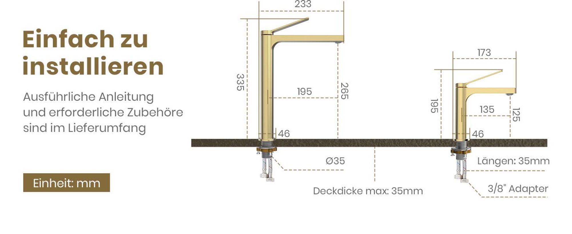 EMKE Wasserhahn Bad Champagner-Gold 335x233x46mm, Messing, Keramikkartusche, Badarmatur, Mischbatterie Waschbecken-Armatur, Waschtischarmatur