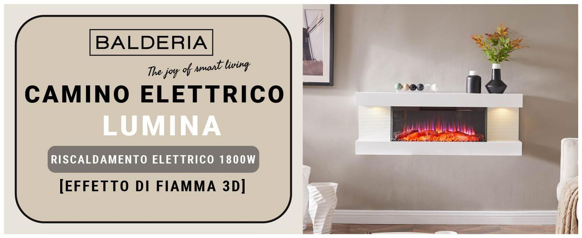 Camino elettrico BALDERIA Lumina - Camino da parete - bianco