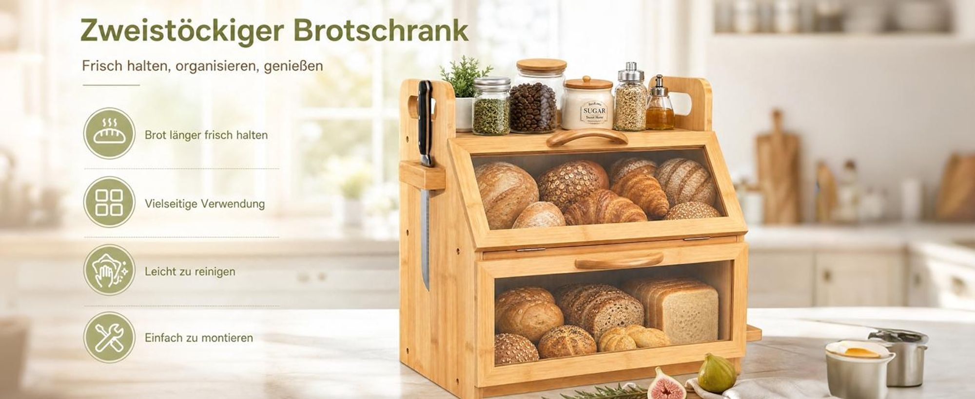 2 Etagen Bambus Brotkasten mit Sichtfenster, Großer Brotbox, Holz Brotbehälter für Hörnchen, Brötchen, Brotaufbewahrung Küche, 38 cm x 28 cm x 39 cm