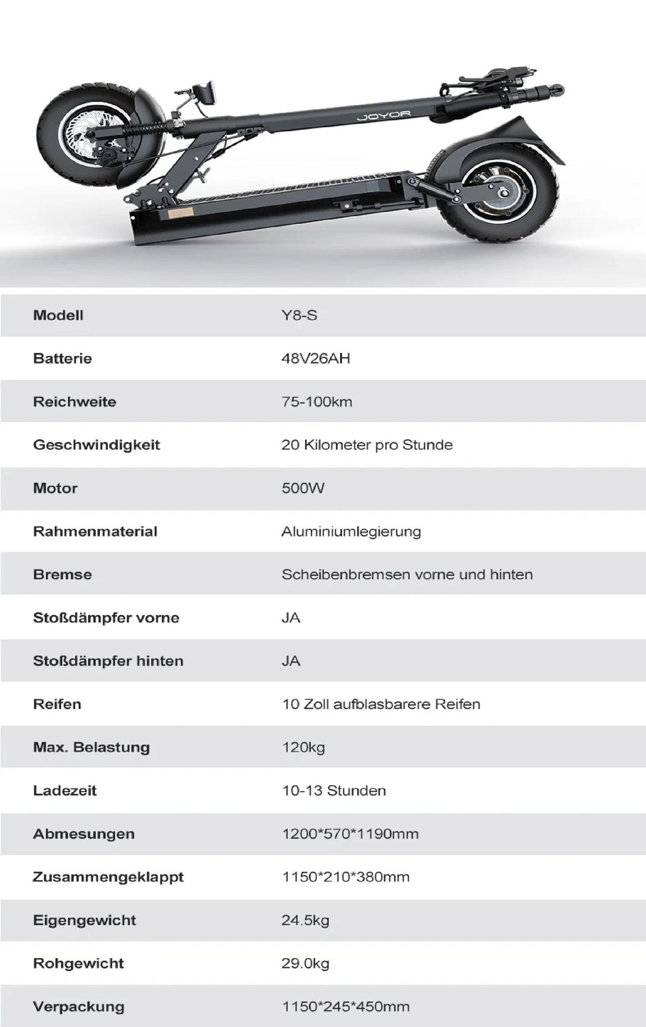 JOYOR Y8-S ABE- Faltbar Elektroroller - 500W Motor 48V26AH Akku 10 Zoll Reifen - Schwarz