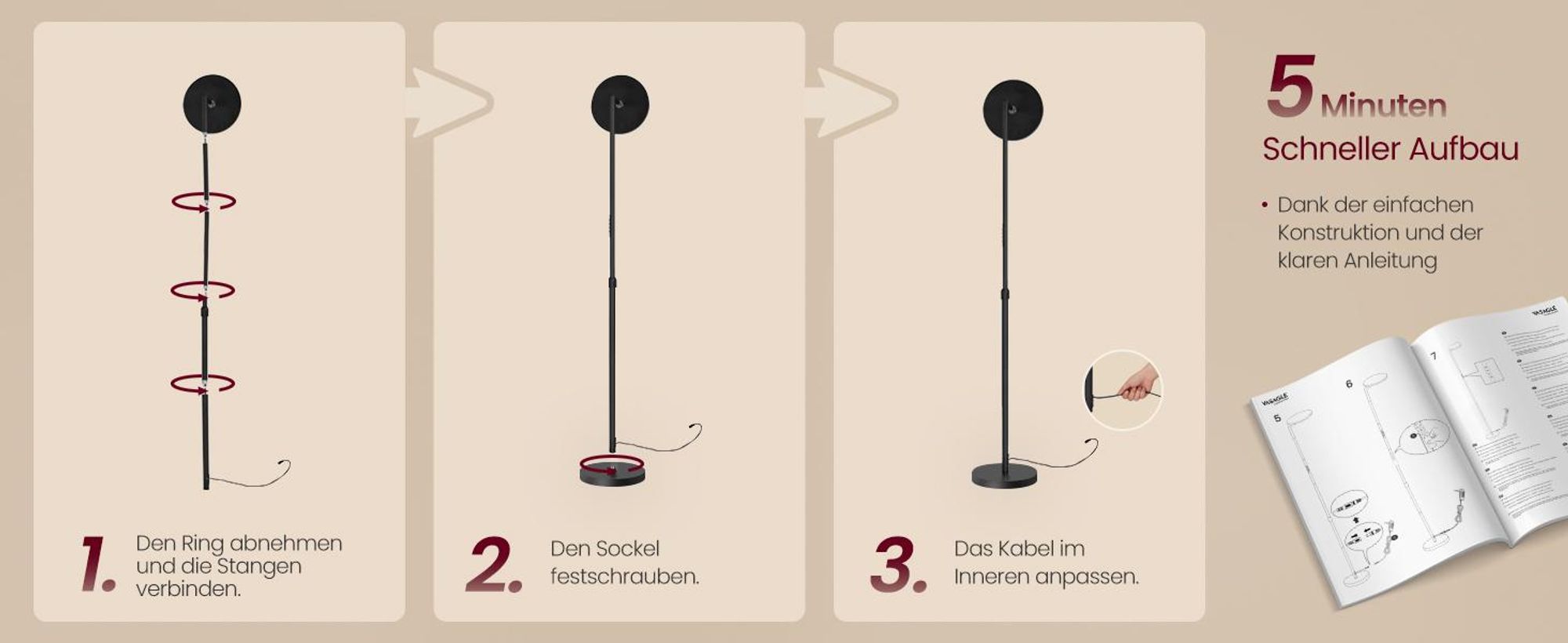 VASAGLE LED Standleuchte höhenverstellbar, Stehlampe mit drehbarem Lampenkopf, Timer, Memory, Schlafzimmer Wohnzimmer, schwarz
