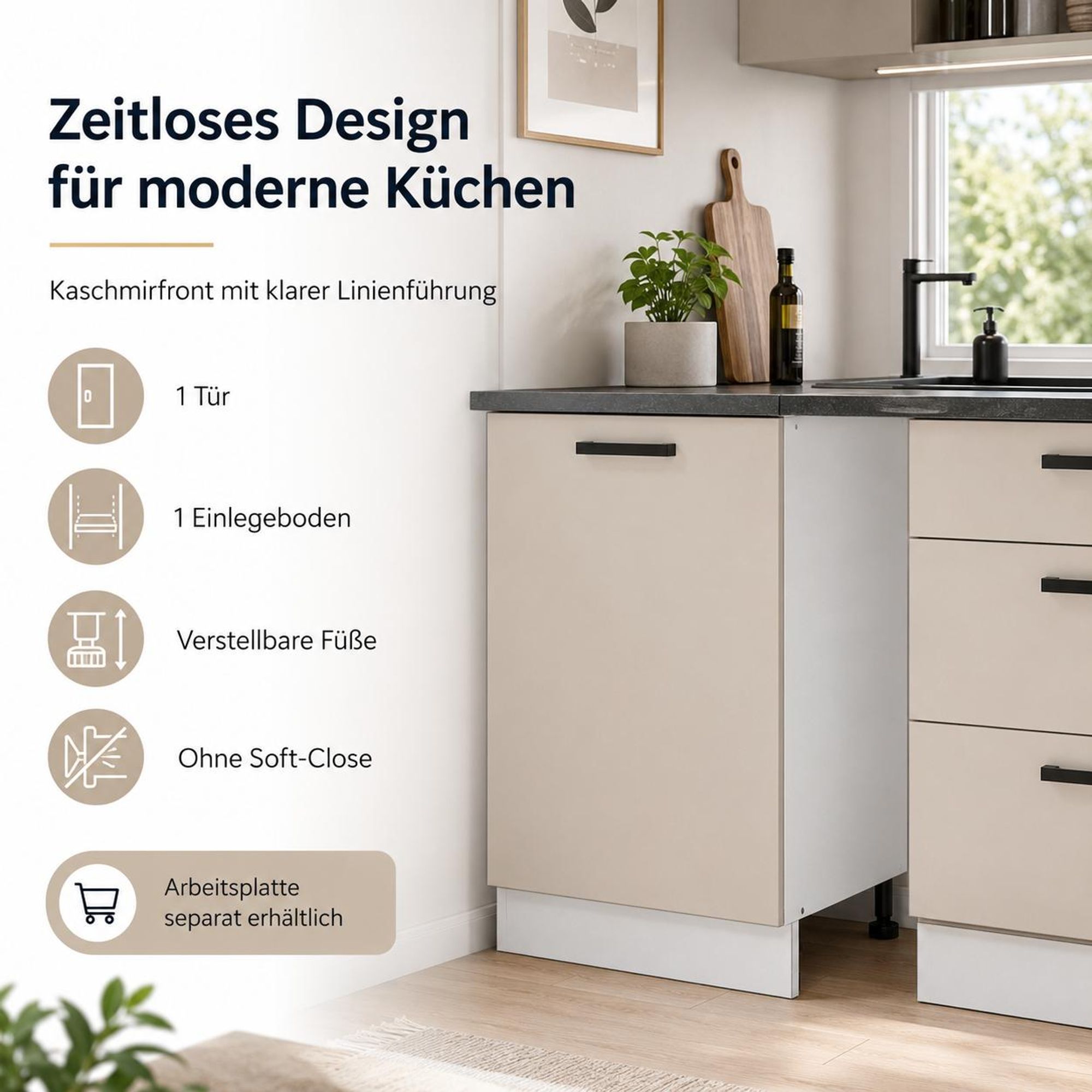 Küchenunterschrank Kaschmir Beige: Zeitloses Design für moderne Küchenzeilen.