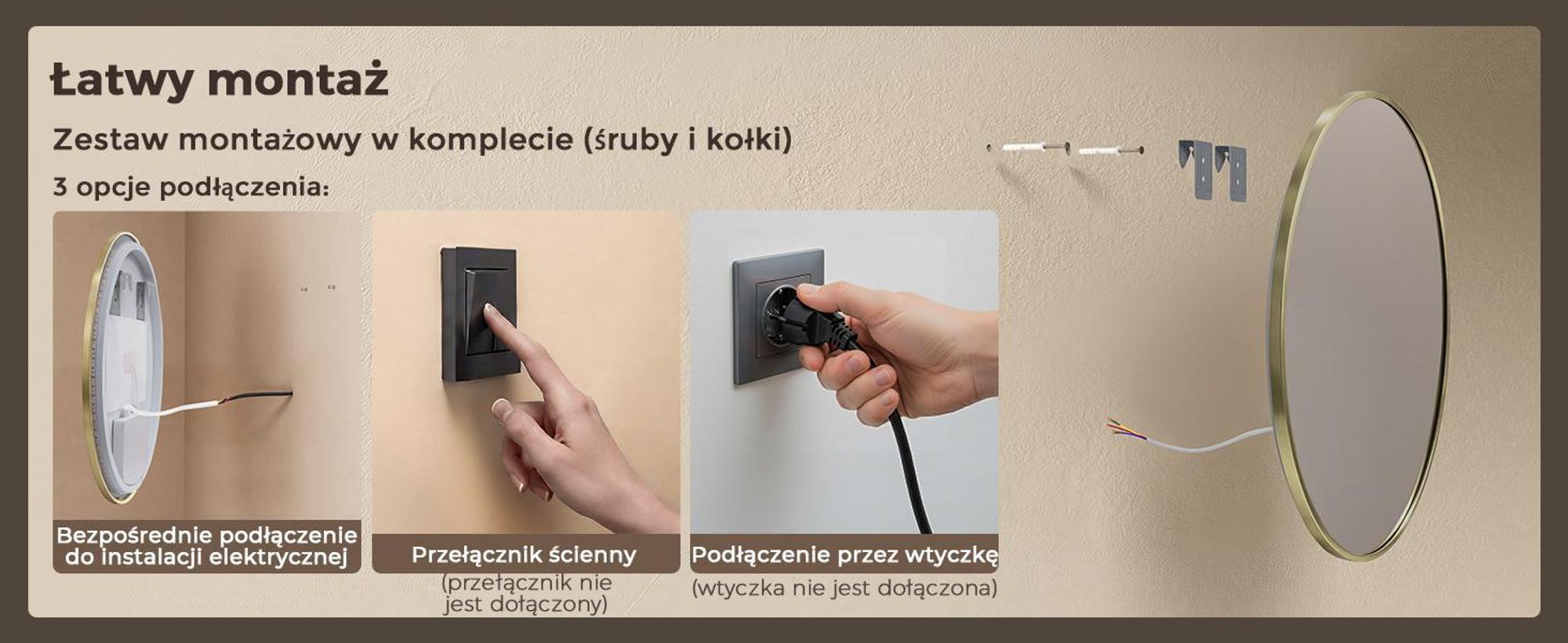 S'AFIELINA Lustro Łazienkowe LED 70 cm, Okrągłe, Złota Rama, 3 Barwy Światła, Regulacja Jasności, Antypara, Zegar, Wyświetlacz Temperatury