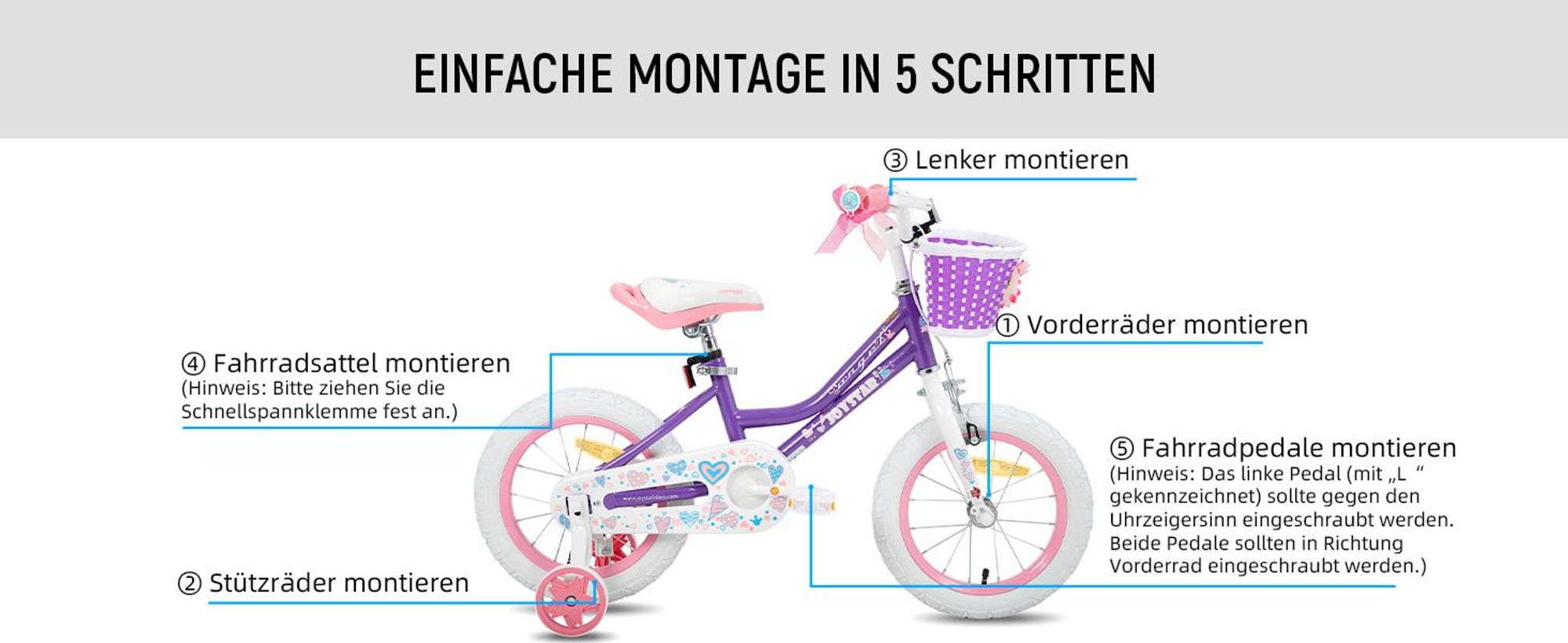 HILAND 14 Zoll Mädchen Kinderfahrrad mit Korb & Bändern, Vorderen Zangenbremse & Rückwärtige Pedalbremse, Stützräder, Hell-Pink