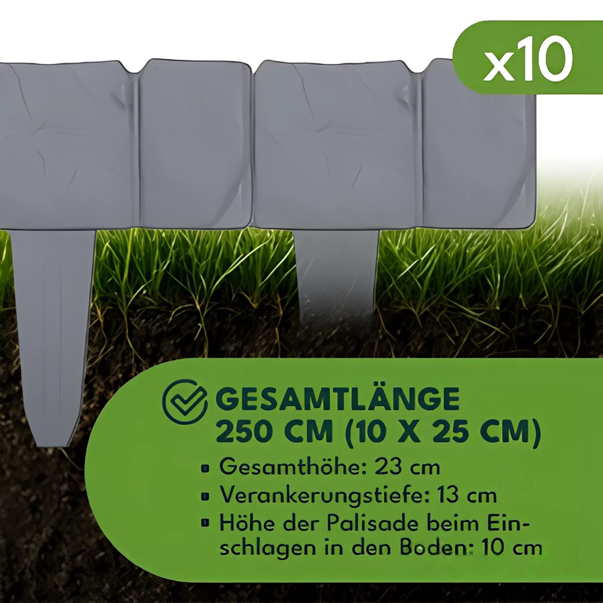 KRUMAD Rasenkante Kunststoff Steinoptik 10 Stück Set 2,5 Meter Höhe 23 cm Beeteinfassung Stein Beetumrandung Garten Stecksystem Grau