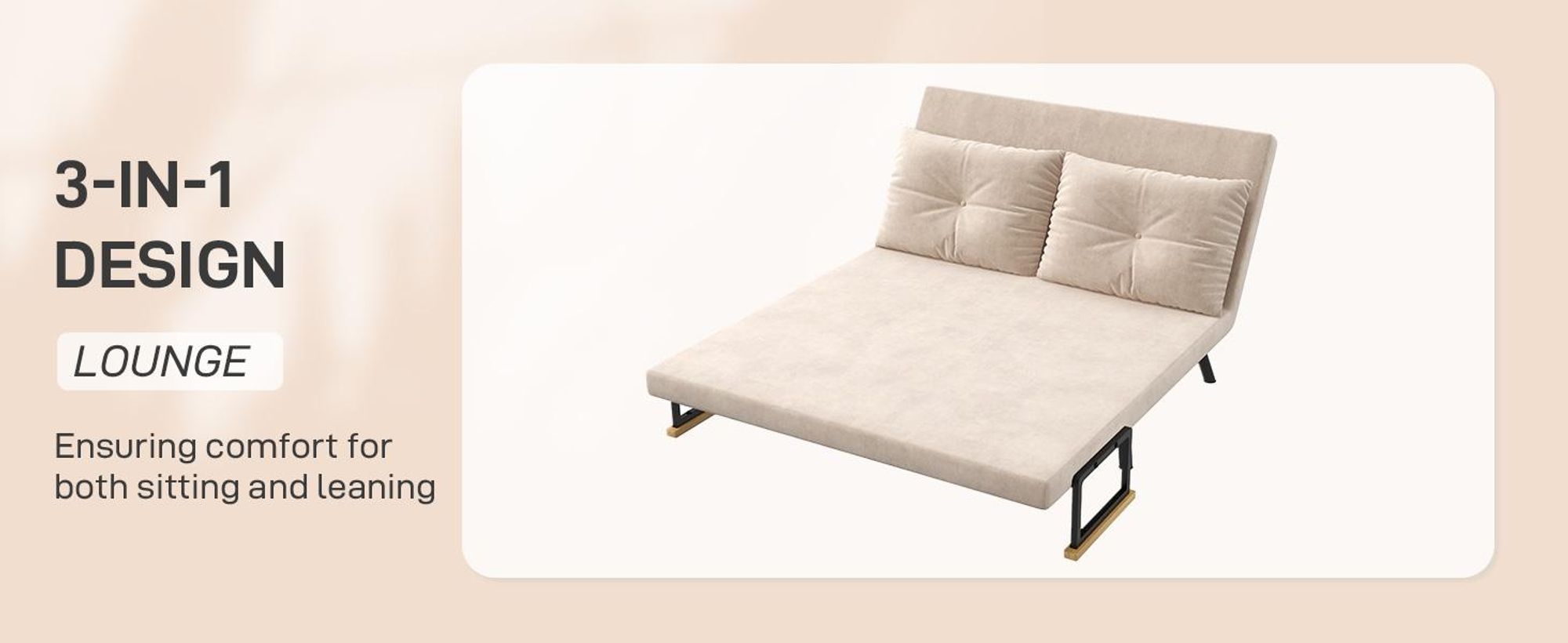 Sofa rozkładana HOMCOM 4 w 1, 2-osobowa sofa z funkcją spania, 183 x 98,5 cm, rozkładana sofa z 5-poziomową regulacją oparcia, poduszką lędźwiową i aksamitnym wykończeniem do salonu, beżowa