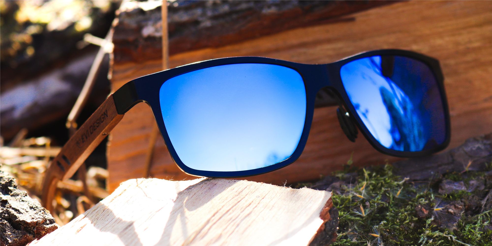 Sonnenbrille Herren Polarisiert UV400, Blaue Gläser Holz Sonnenbrille Nerd-Stil, Walnussholz-Bügel inkl. Etui & XXL-Zubehör, EVI DESIGN Blau