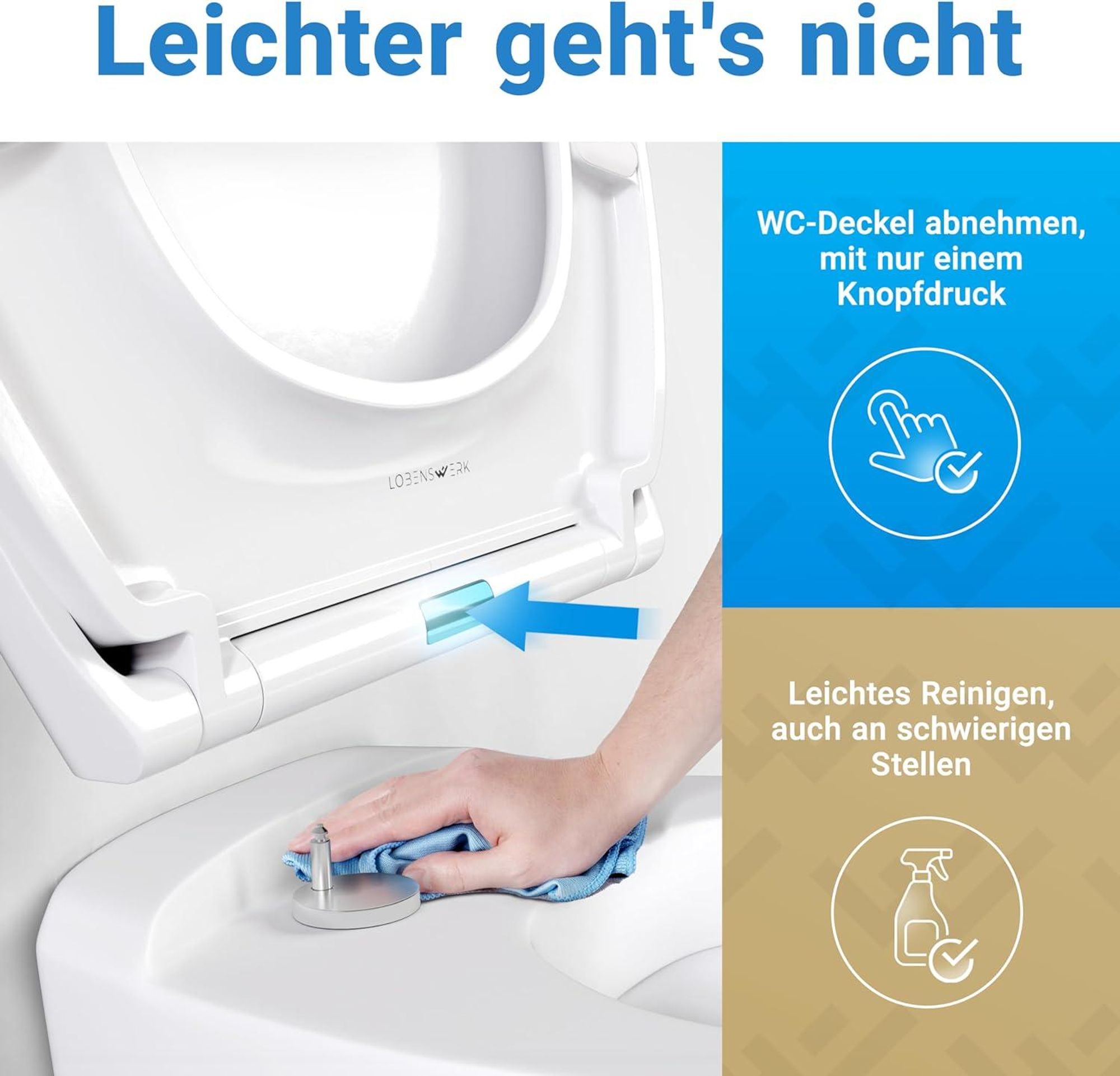 LOBENSWERK Toilettendeckel mit Absenkautomatik [Einfache Montage] antibakteriell - UV-beständig Quick-Release-Funktion Klodeckel, Klobrille, WC Sitz
