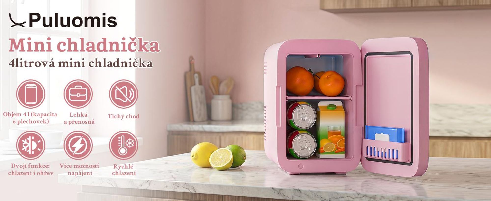 Mini lednička Puluomis o objemu 4 litry s funkcí chlazení i ohřevu, rozsah teplot 5°C až 60°C, napájení 220-240V/12V, provozní hlučnost ≤30dB, přenosná lednička/ohřívač vhodná pro kosmetiku, nápoje, do auta