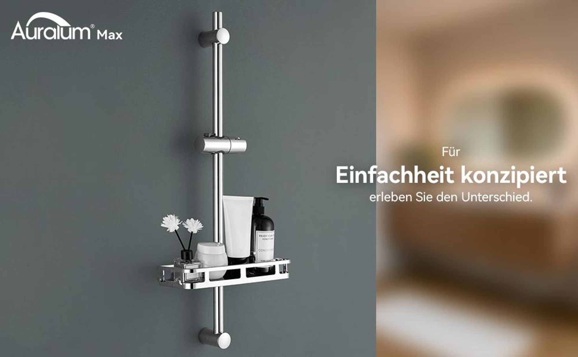 Auralum 70 cm Duschstange aus Edelstahl–Wandmontierte Duschsäule mit Ablage, kein Bohren erforderlich, moderne Duschstange, Chrom