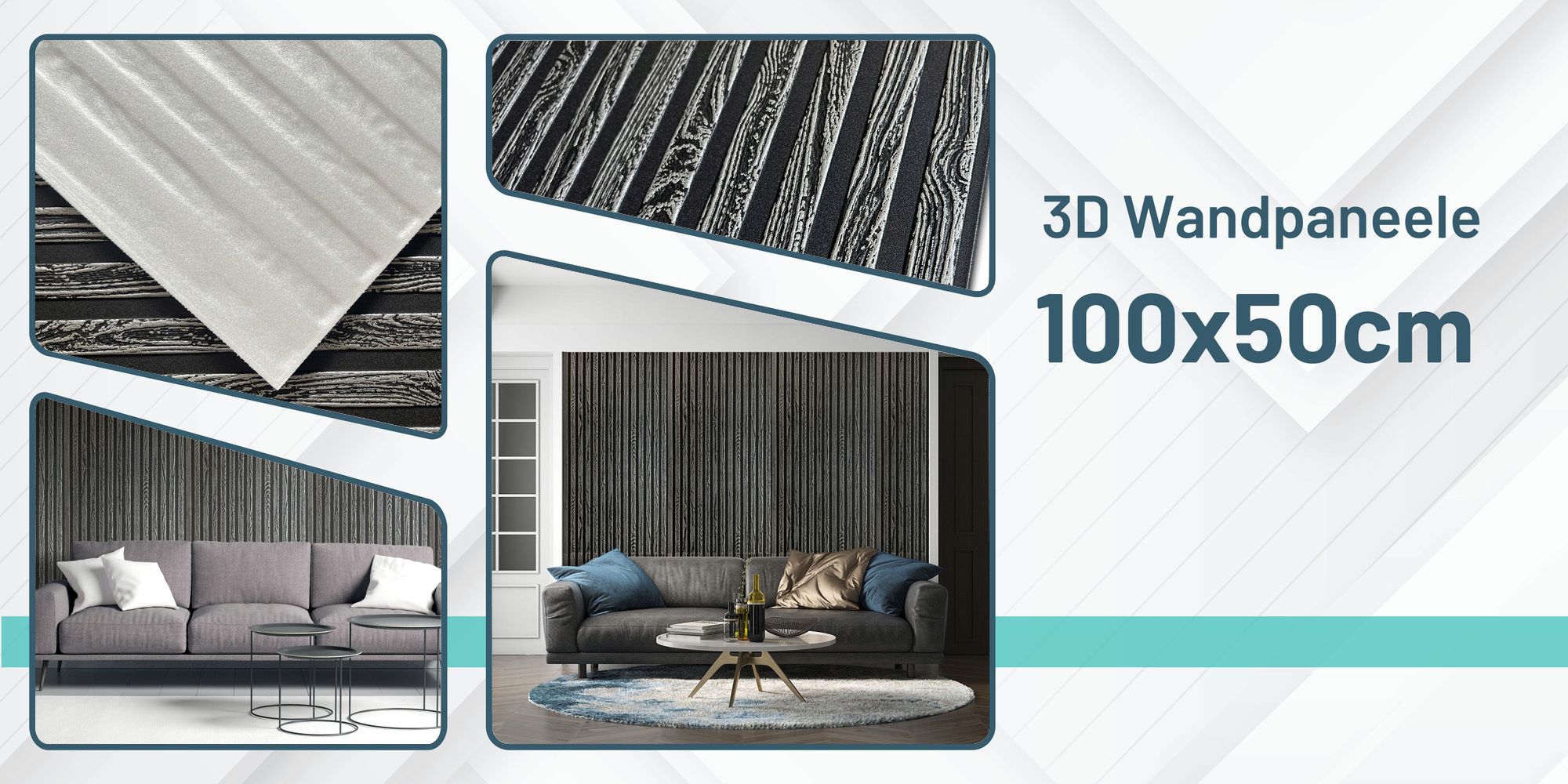 DECCART | 3D-Deckenplatten | Schwarz-silberne Wandpaneele | Lamellen | 100x50cm | 0,5m2