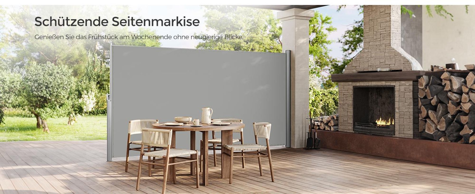 SONGMICS Seitenmarkise, ausziehbar, 200 x 400 cm, aus 220 g/m² Polyester, Sichtschutz, Sonnenschutz, blickdicht, Seitenrollo, für Balkon, Terrasse, Garten, hellgrau ASG504G03