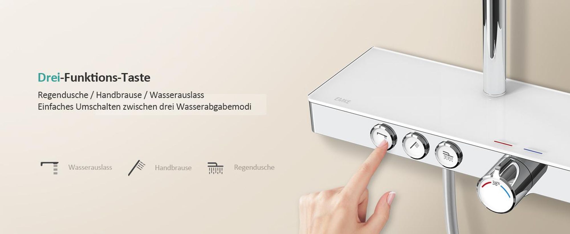 EMKE Duschsystem mit Thermostat Glasablage Handbrause 3 Strahlarten Regendusche, Bad- & Duscharmaturen, Wandmontage, KTW-, Chrom - F09