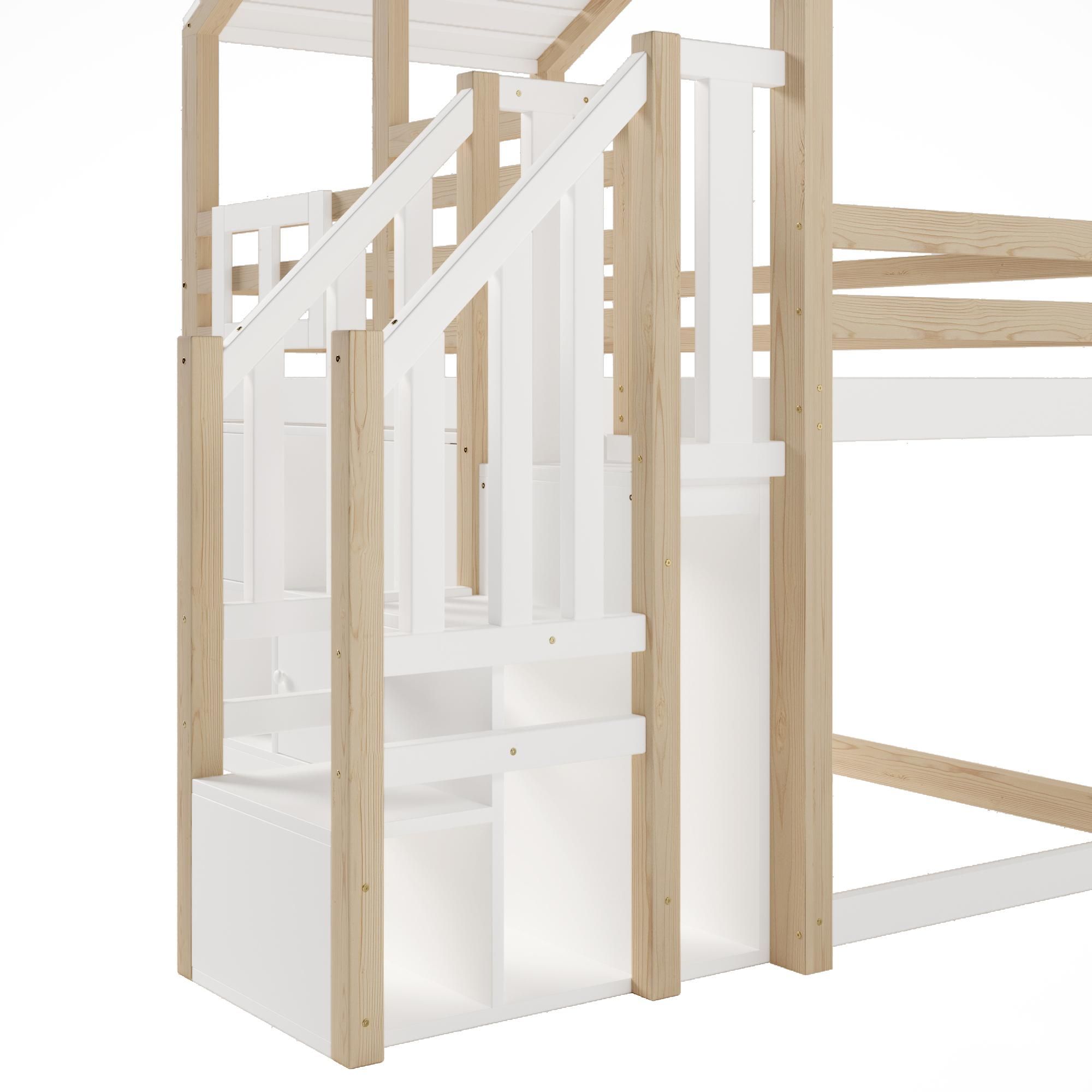 Flieks Etagenbett 90x200cm mit Schließfächer, Kinderbett Hausbett mit Rausfallschutz und Lattenrost, Hochbett Einzelbett mit Treppe, Naturbelassen