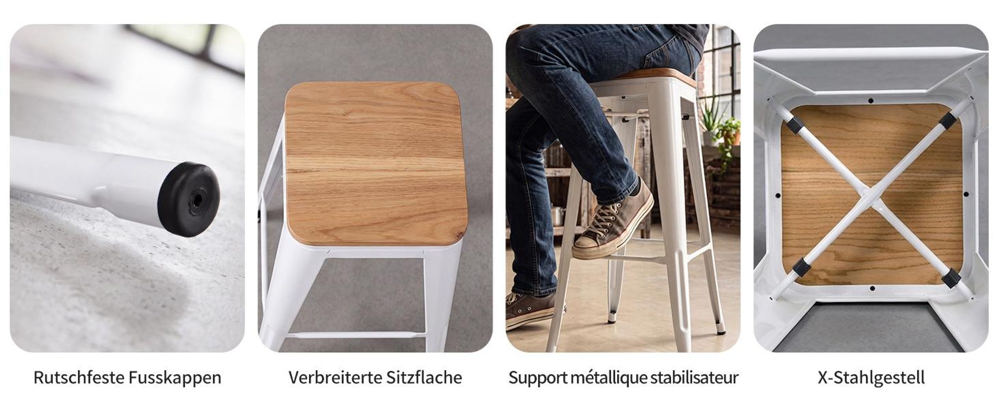 4x chaise tabouret métal choix de couleur used look assise bois tabouret de bar empilable, couleur:blanc+bois naturel, matériau:métal
