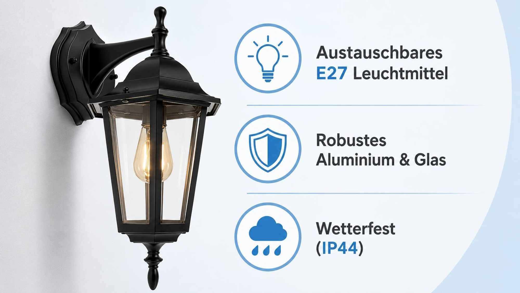 MasterLED Außenwandleuchte E27 max 60W IP44 Aluminium Glas schwarz RAL 9005 Wandmontage