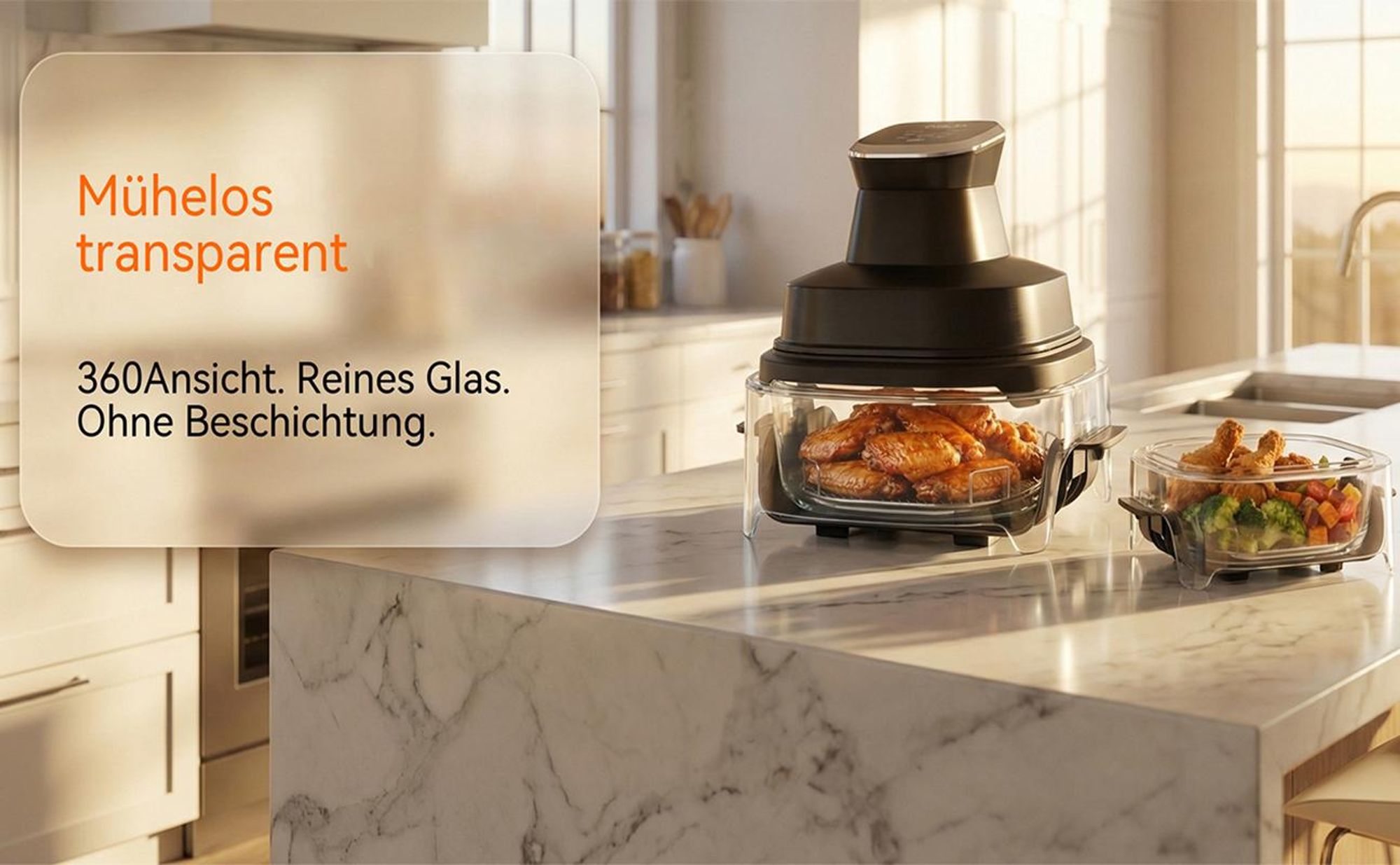 Tragbare Air Fryer Heißluftfritteuse, 4 l+4 l, 4-in-1: Heißluftfrittieren, Braten, Warmhalten, Recrisp, 2 Herausnehmbare Glasbehälter & Deckel, 1800W