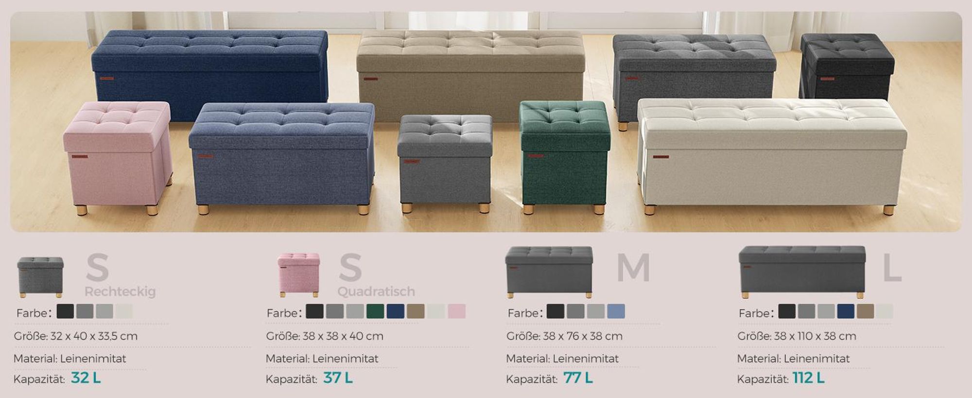 SONGMICS Sitzhocker, 37L, klappbare Sitztruhe, Aufbewahrungsbox, Pastellrosa