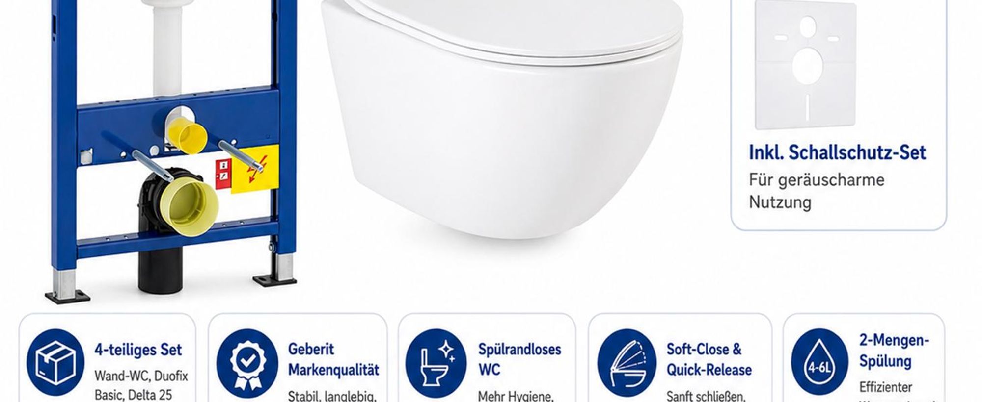 Spülrandloses Wand-WC mit Soft-Close-WC-Sitz, Quick-Release-Funktion