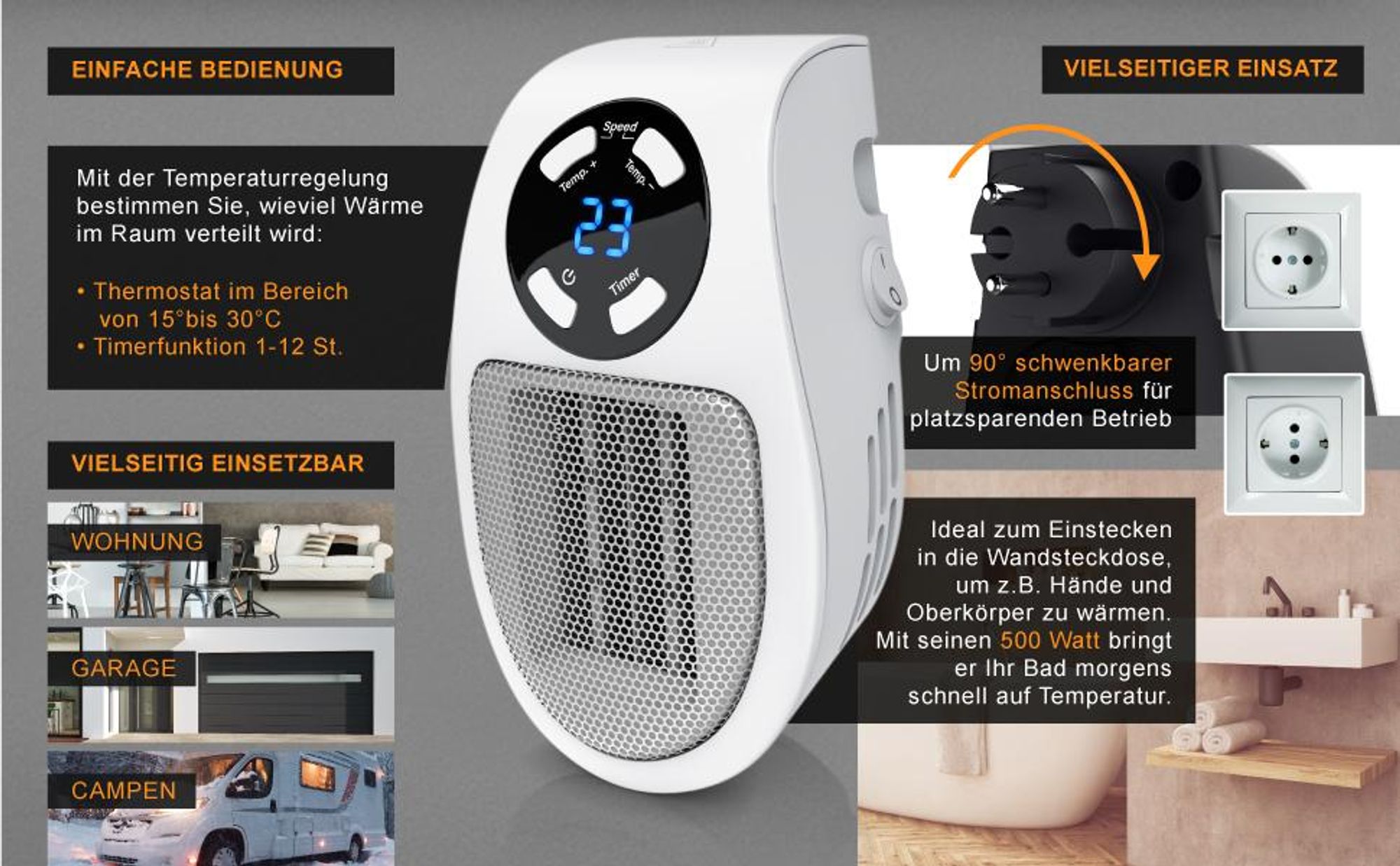 Brandson Steckdosen Heizlüfter, 500W Mini Heizung mit Temperaturregelung & Fernbedienung, Überhitzungsschutz, Automatische Abschaltung, Weiß