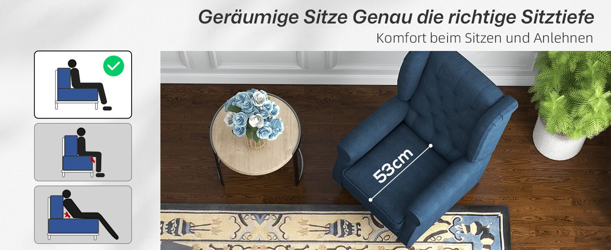 HOMCOM Ohrensessel Gepolstert Sessel mit Tufting, hoher Rückenlehne, Blau