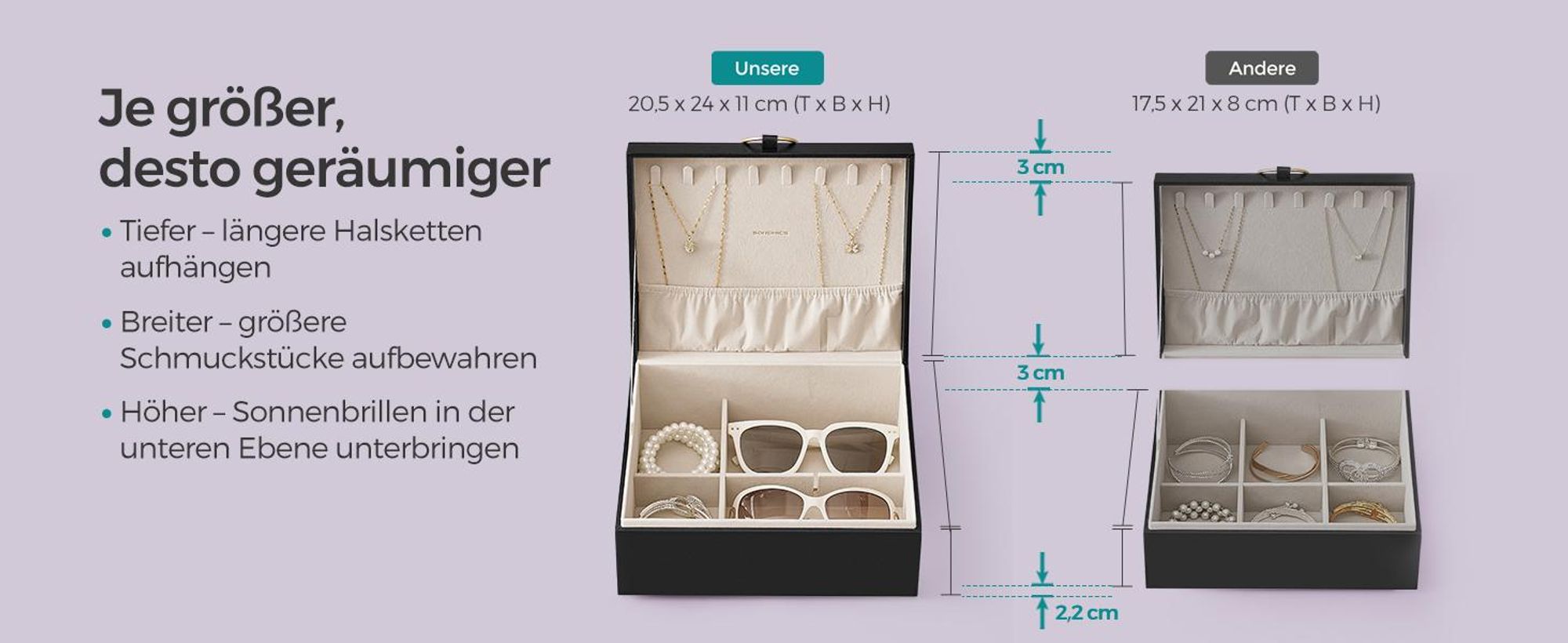 SONGMICS Schmuckkästchen, Schmuckkasten 2 Ebenen, herausnehmbares Schmucktablett