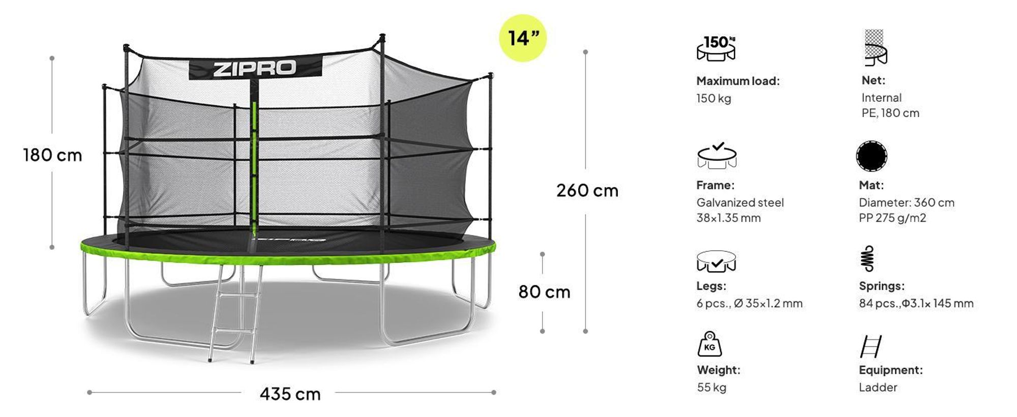 ZIPRO Trampolína Jump Pro IN | 14FT Ø 435 cm | Zahradní trampolína Dětská trampolína Kompletní sada včetně vnitřní sítě, žebříku a krytu okraje, venkovní, zelená