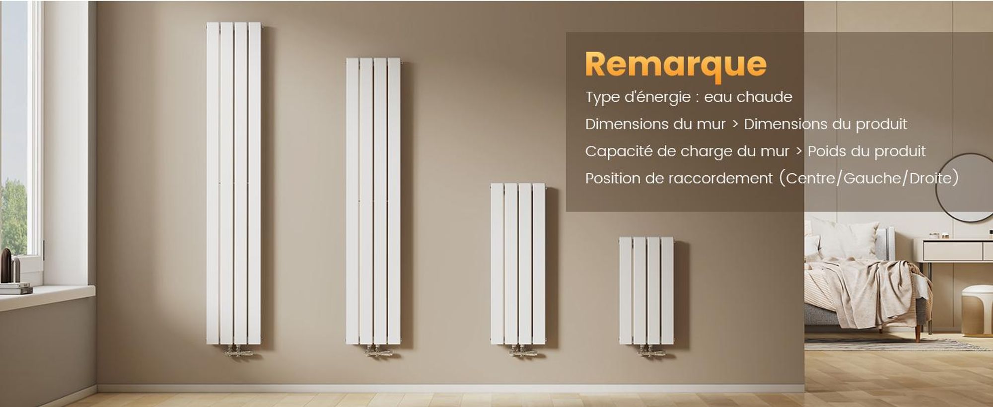 EMKE Radiateur plat Radiateur design Panneau de chauffage Vertical Monocouche Raccord central 160x30cm 501W Blanc sans thermoplongeur