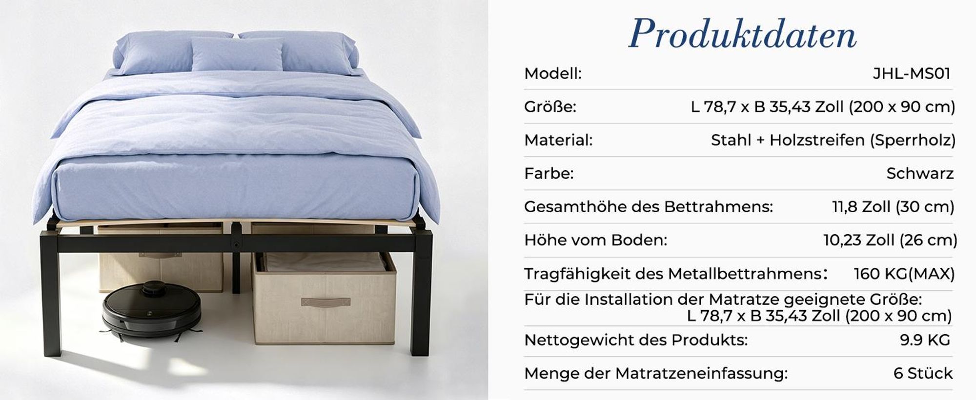 Metallbett 90x200 cm mit Lattenrost, Bettgestell aus Stahl & Holz, 160 kg Belastbar, 26 cm Stauraum, Geräuscharm, Einfache Montage, Schwarz