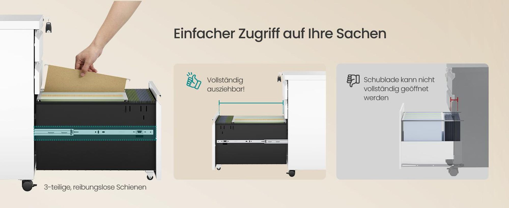 SONGMICS Büroschrank aus Stahl mit 3 Schubladen, abschließbarer Rollcontainer, für Homeoffice, Druckerständer, weiß