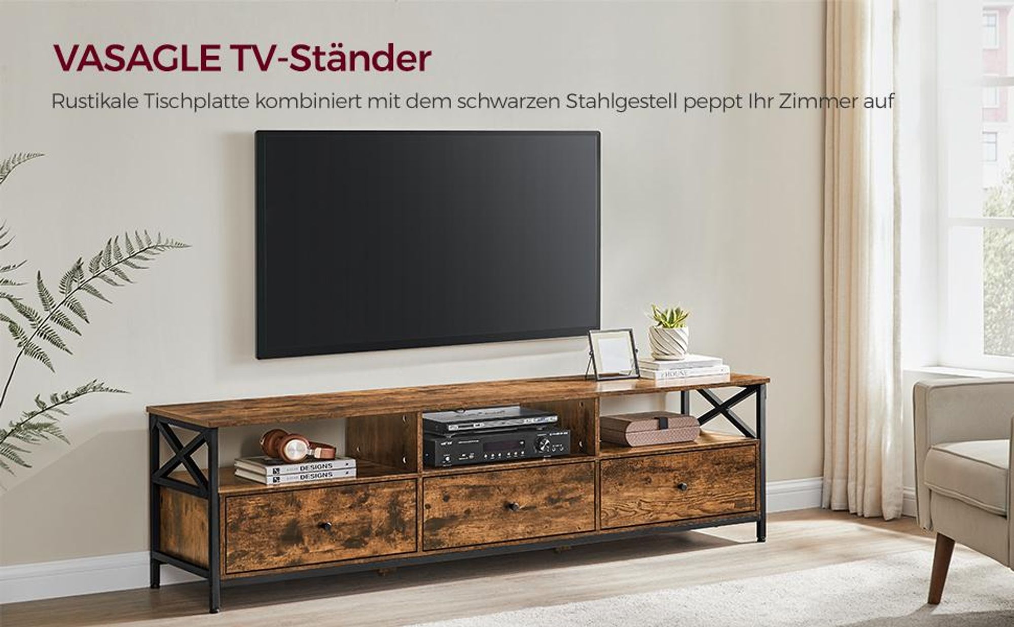 VASAGLE Lowboard TV-Schrank, 3 Schubladen, Breite 178cm, Stahlgestell
