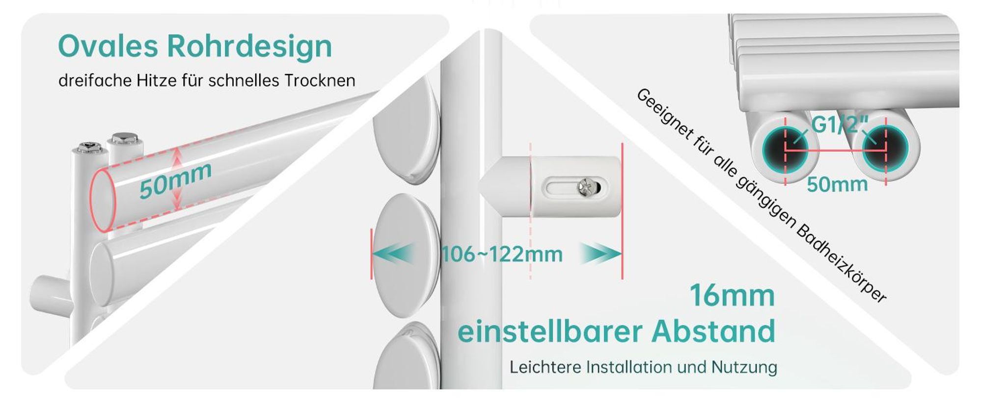 EMKE Badheizkörper Rohrheizkörper Oval Röhren Handtuchtrockner Handtuchwärmer Vertikal Seitenanschlussfür Wasser Weiß 143×40cm 484W ohne Heizstab