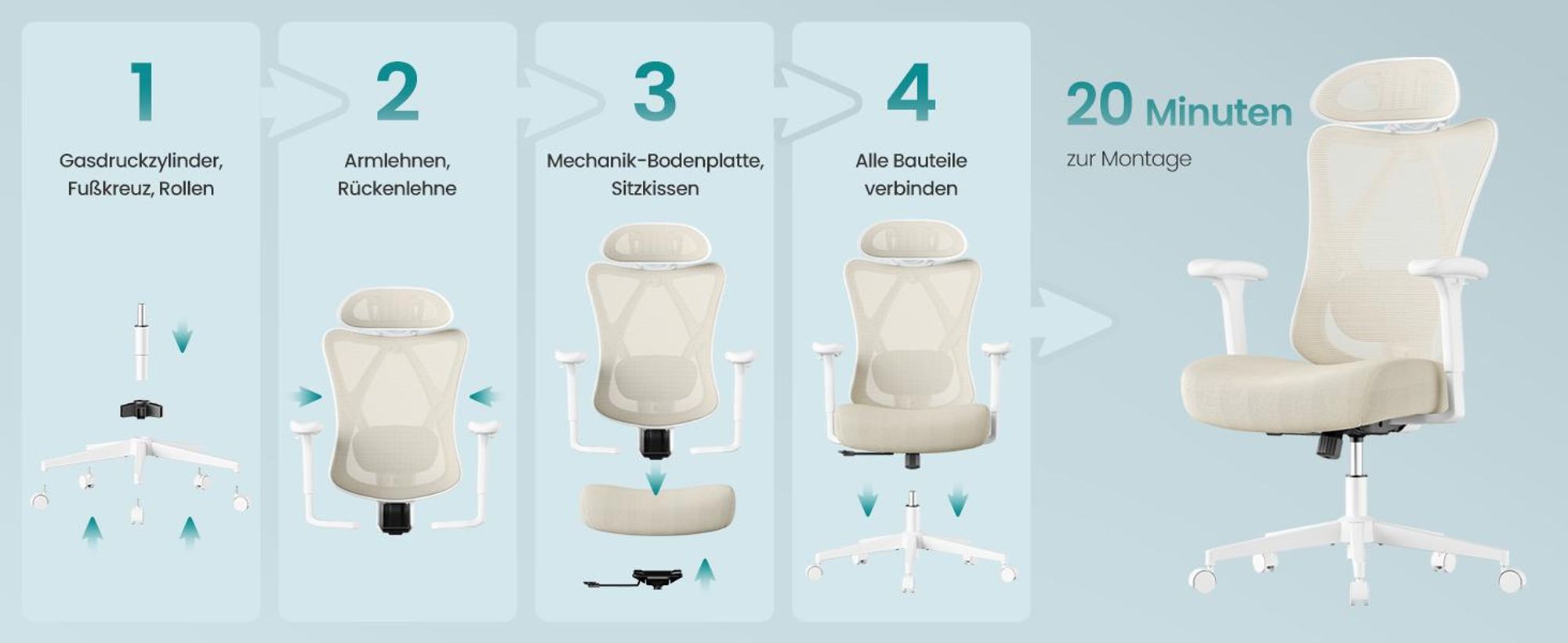 SONGMICS Bürostuhl, ergonomischer Schreibtischstuhl, Computerstuhl, Netzstuhl, verstellbare Lendenstütze und Kopfstütze, höhenverstellbar, beige