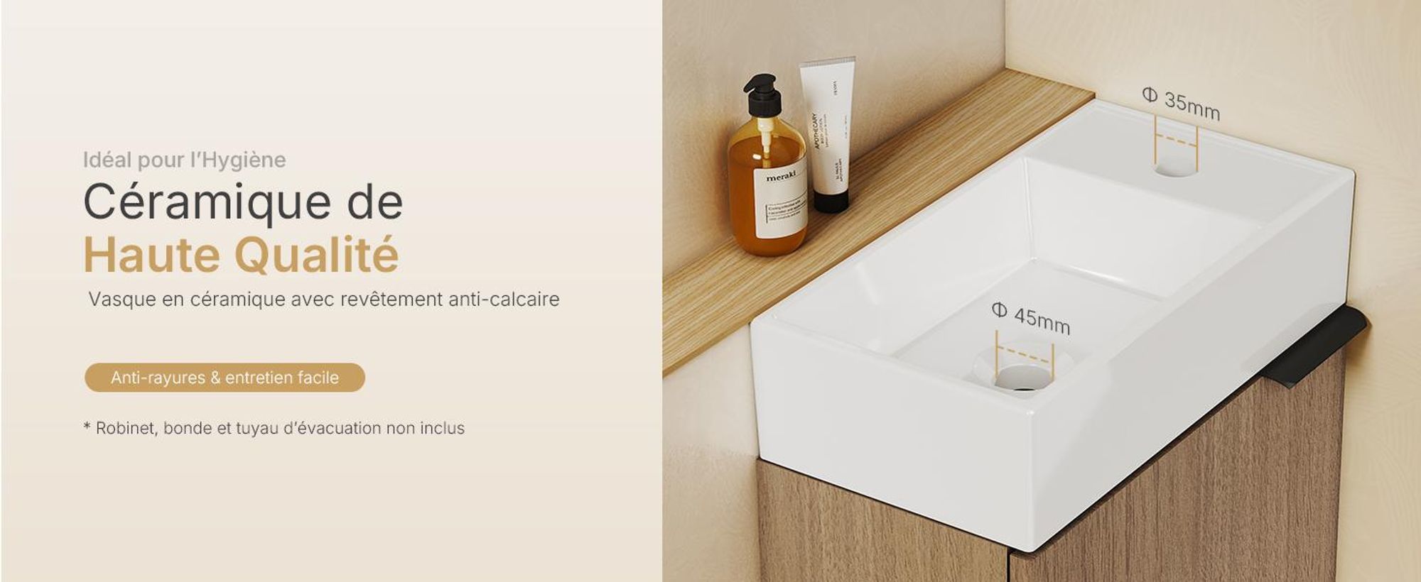 EMKE Ensemble de lavabos Meuble sous-lavabo avec vasque en céramique 417×240×646 mm suspendu, Soft-Close, chêne Sonoma