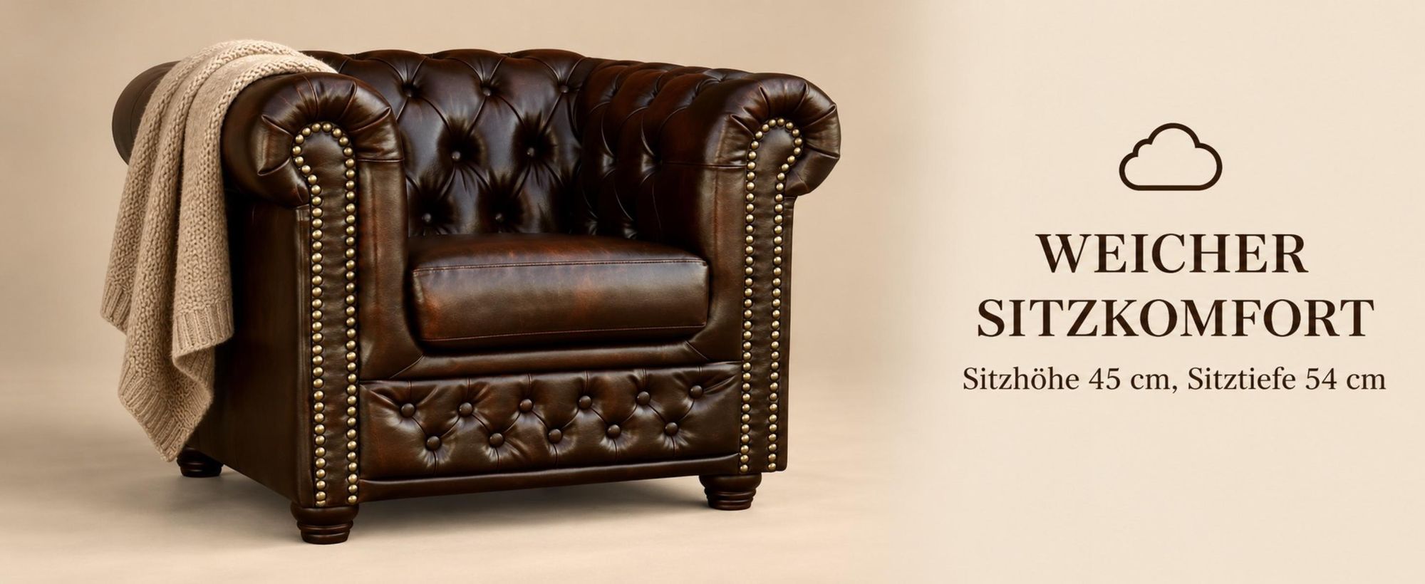 MOEBELHAUS Sessel CHESTERFIELD Lederlook ANTIK-OPTIK dunkelbraun Nietenbesatz Knopfheftung Massivholzfüße 94x72x86 cm