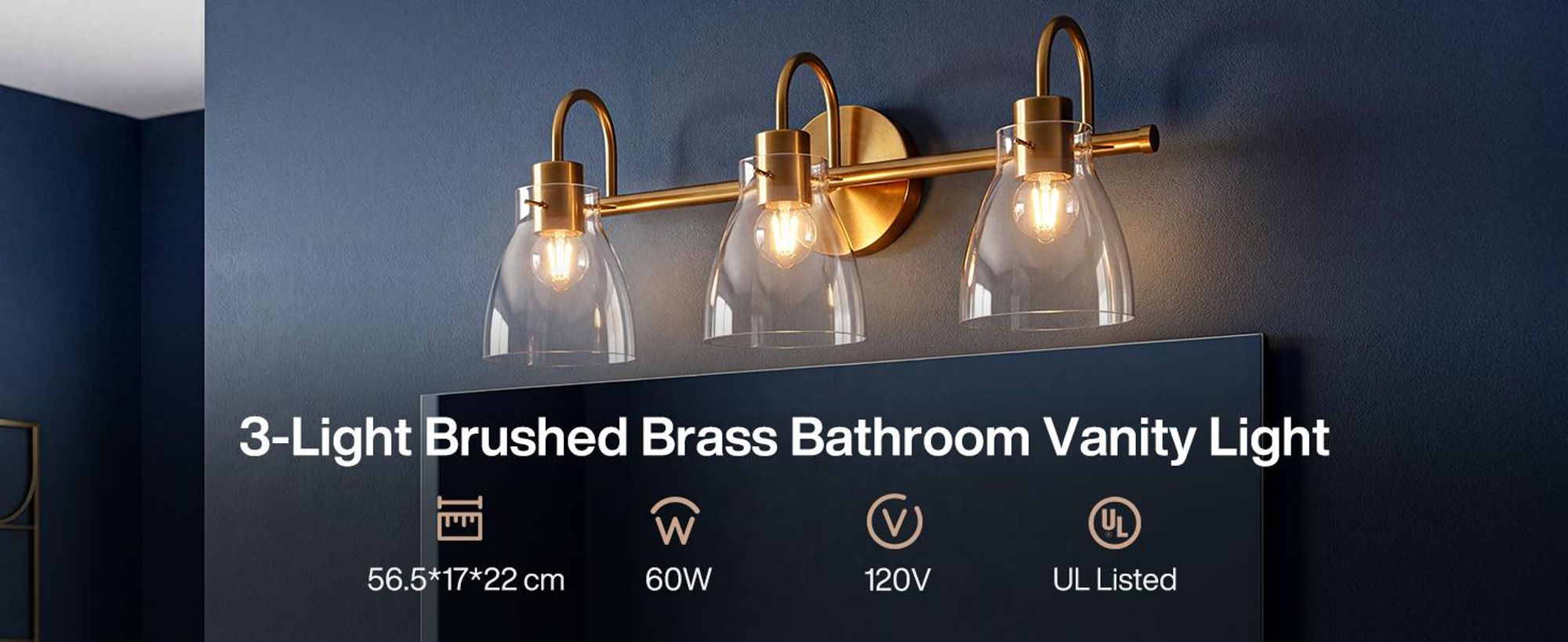 Wandleuchte 3-flammige Spiegelleuchte mit klarem Glasschirm, gebürstetes Gold für Schlafzimmer, Wohnzimmer und Flur, E26-Fassung.