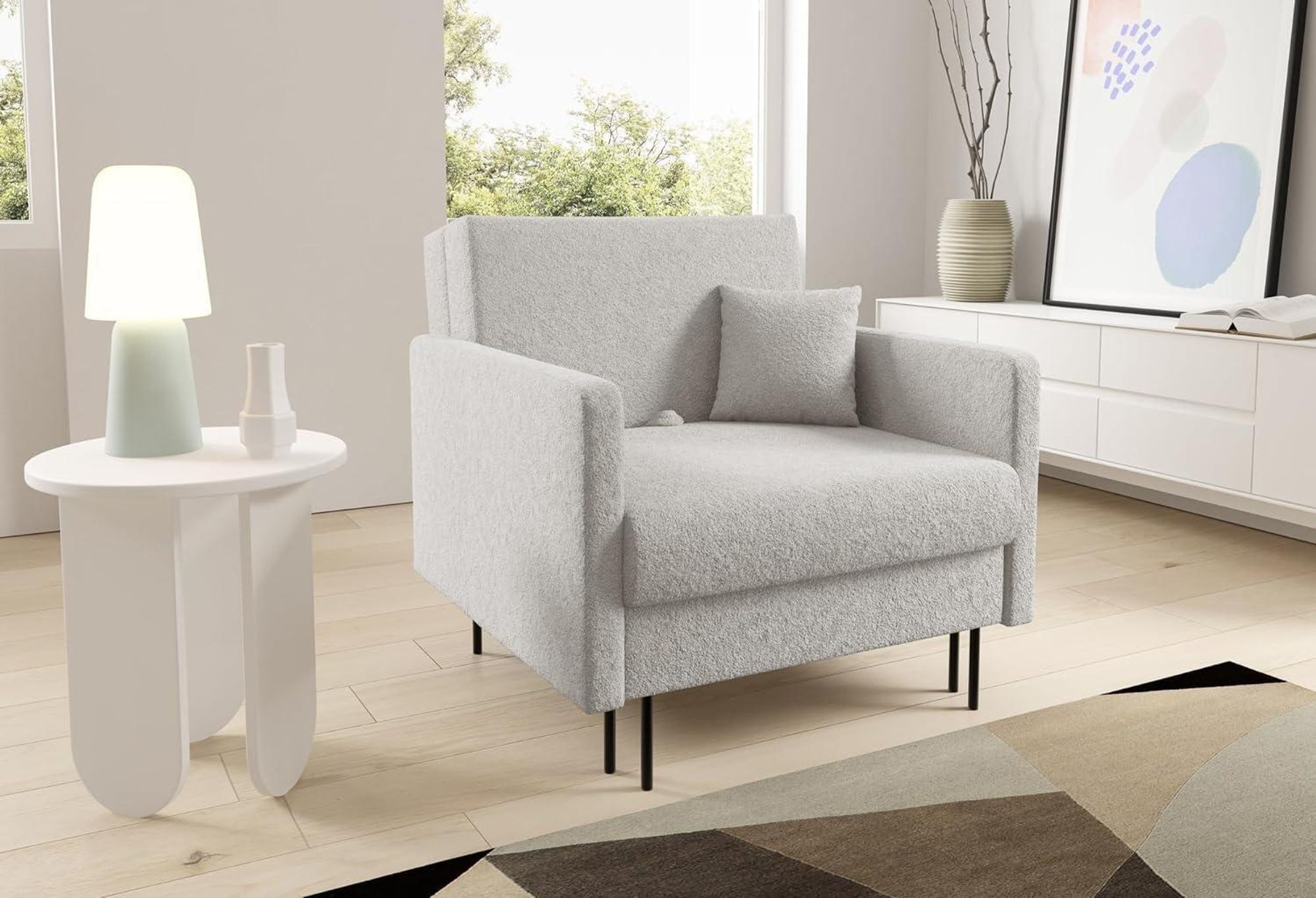 LIKMA Mara Schlafsessel 1-Sitzer 98x98x107 cm Weiß ausklappbar mit Bettfunktion 80x188 cm Sesselbett mit Stauraum und Kissen
