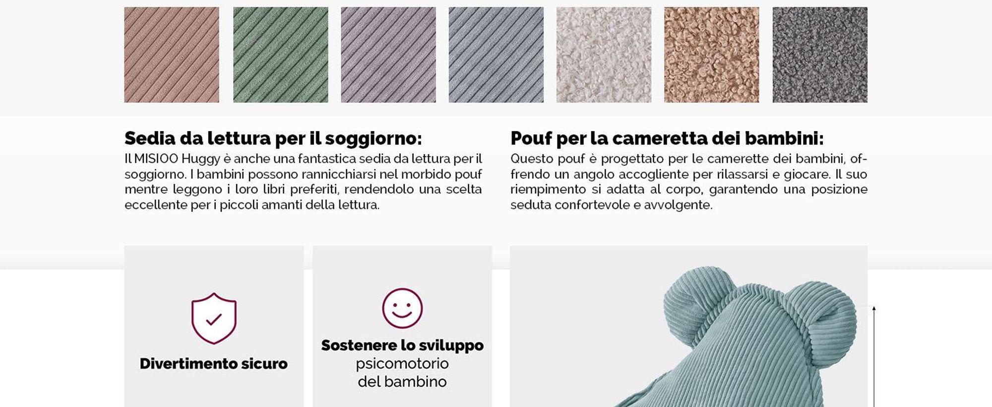 MISIOO Pouf a sacco per bambini - Huggy Bear - Poltrona per bambini - Pouf in velluto a coste - Ideale per la stanza dei bambini - Facile da lavare - Blu