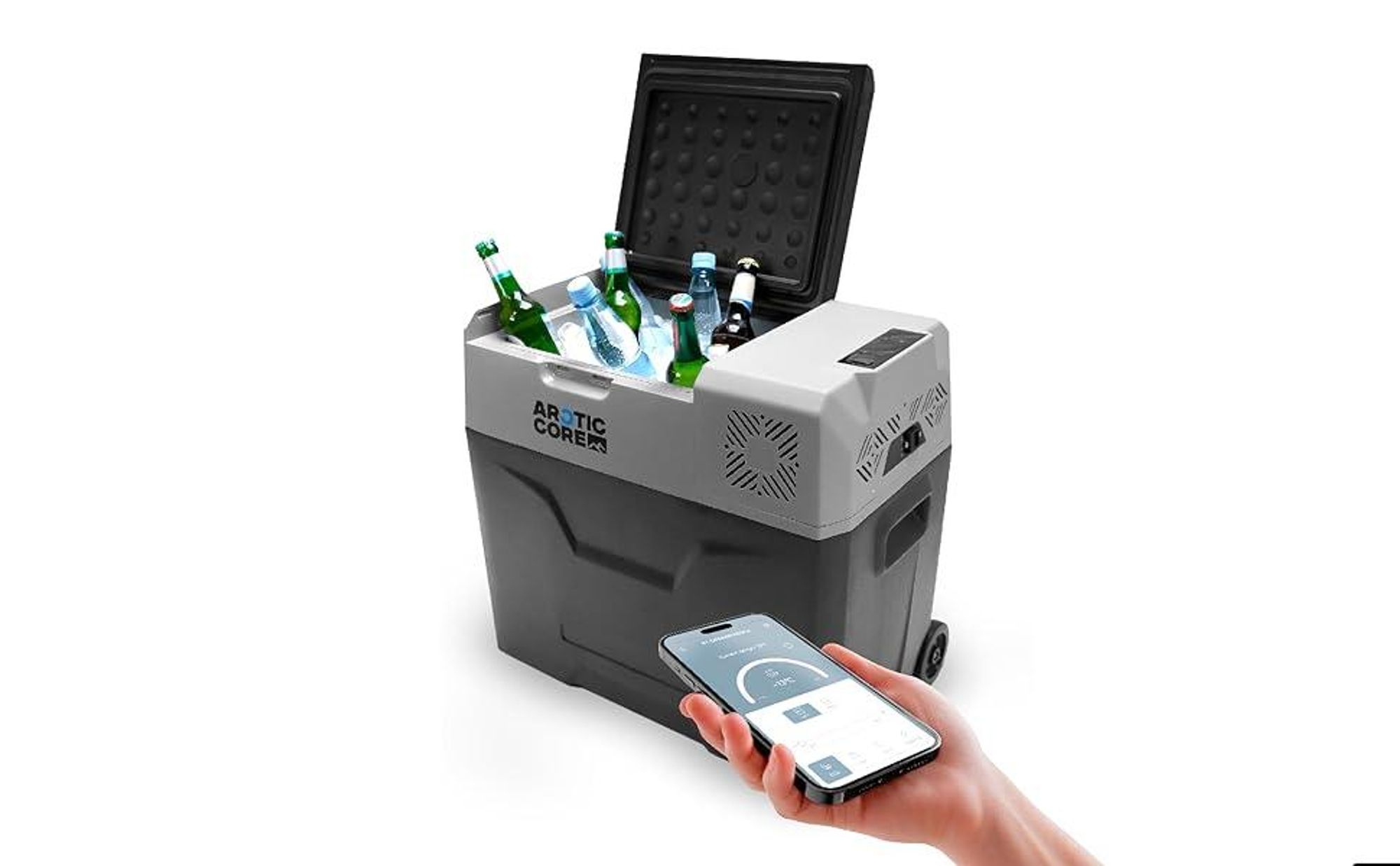 Belko® ArcticCore Kompressor Kühlbox 50L – elektrische Kühl- & Gefrierbox – 12/24V & 100–240V – große tragbare Camping Kühltruhe – grau
