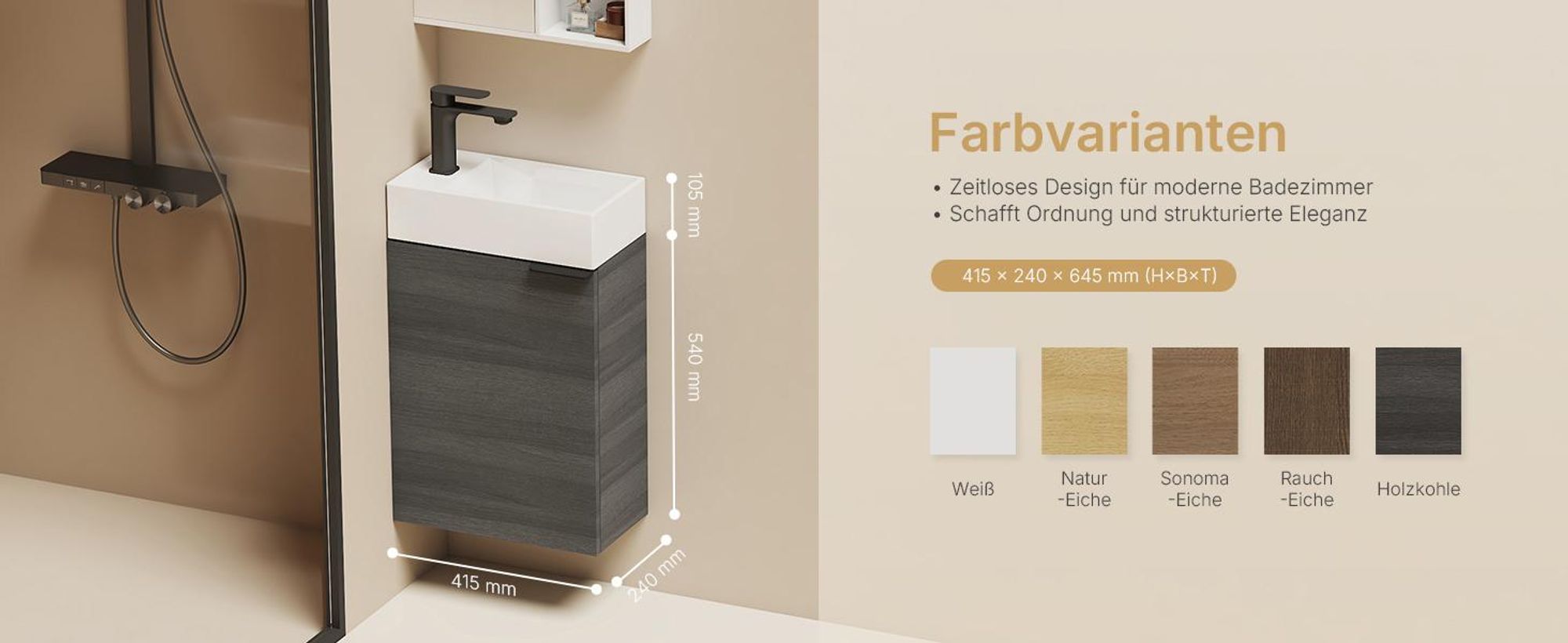 EMKE Waschbeckenunterschrank mit waschbecken 417×240×646 mm wandhängend, Badezimmerschrank, Waschtischunterschrank Soft-Close, Grau in Holzoptik