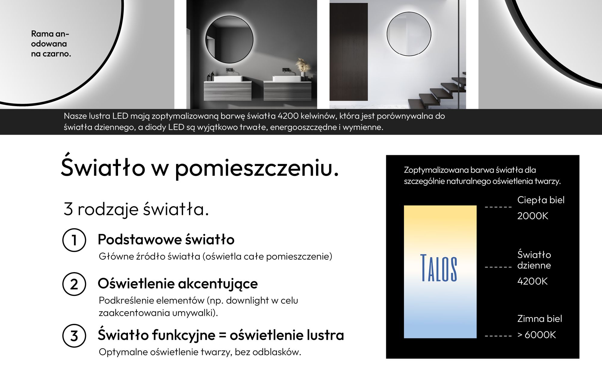 Lustro ?azienkowe okr?g?e TALOS czarne oros Ø 100 cm - okr?g?e lustro ?cienne w matowej czerni - okr?g?e lustro ?azienkowe z wysokiej jako?ci aluminiow? ram? - po?rednie o?wietlenie LED
