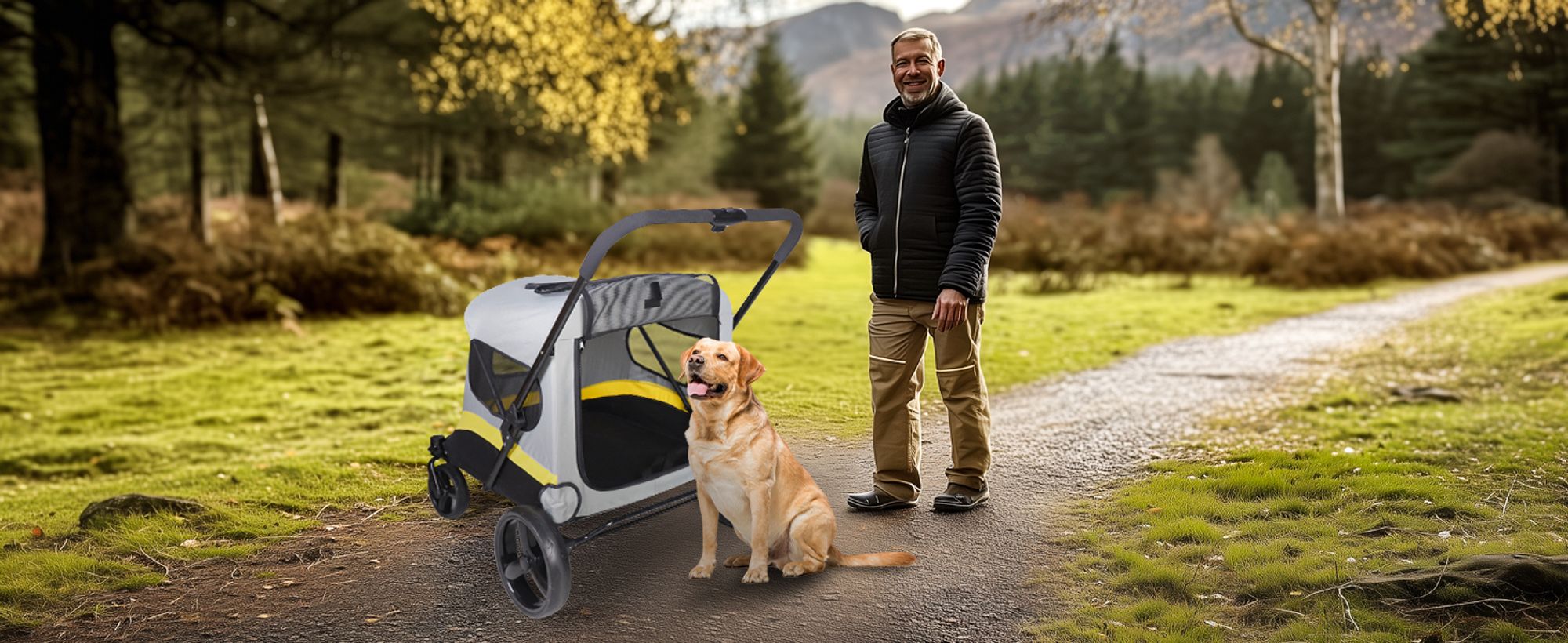 WISFOR Hundebuggy Ein-Klick-Falten, Hundewagen für mittelgroße und große Hunde bis 50kg, Hundeanhänger Hundetasche mit verstellbar Griff