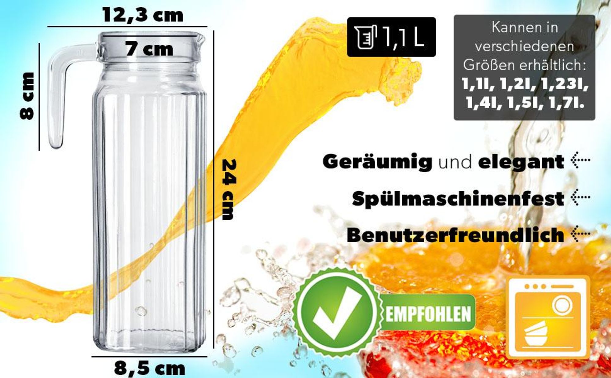 KADAX pichet, pot en verre, pot à eau avec bec verseur et poignée maniable, transparent, 1.1L, 1 pièce