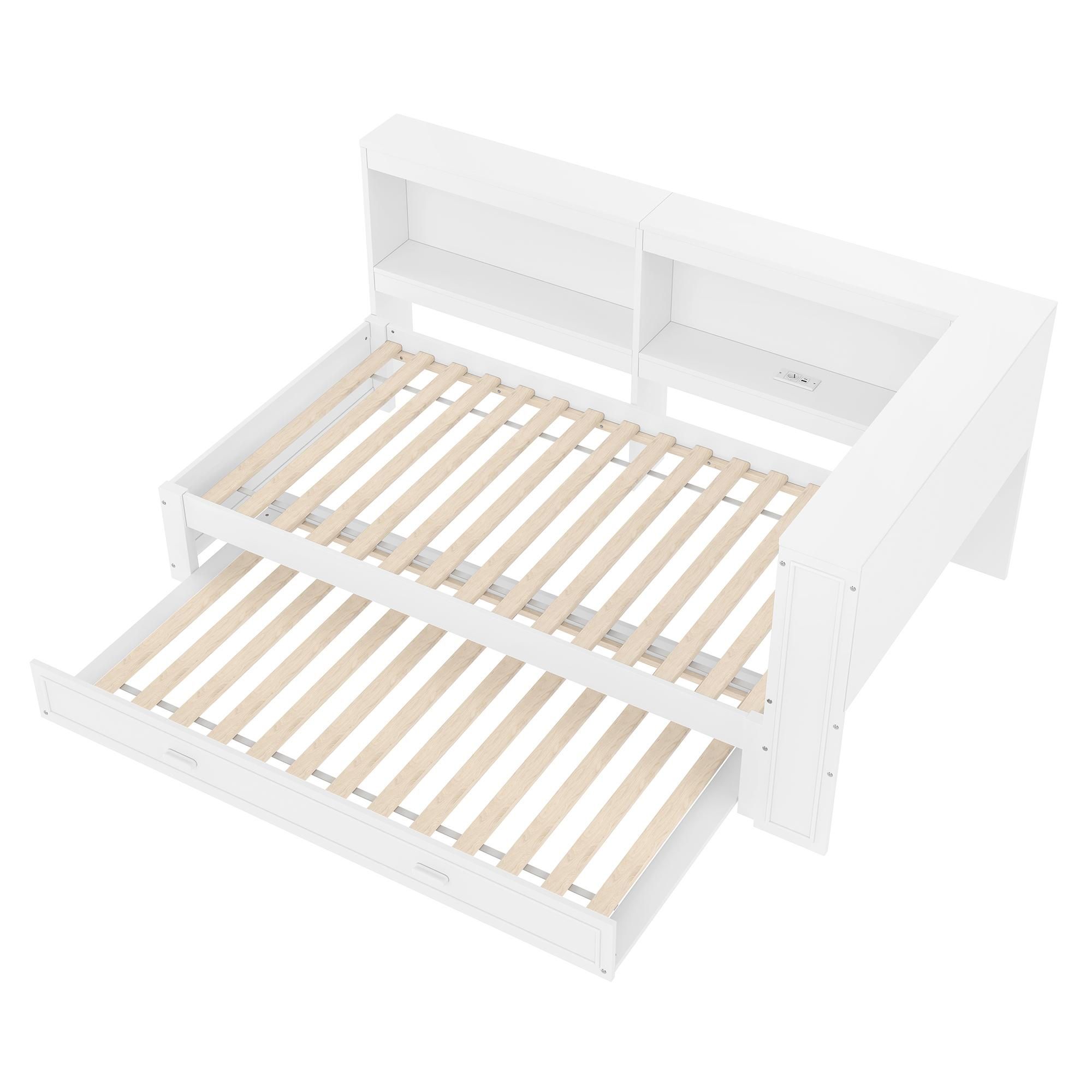 Flieks Schalfsofa Holzbett 90x200cm mit Ausziehbett, Tagesbett Einzelbett mit Led und Ladefunktion, Jugendbett mit Staufach, Weiß