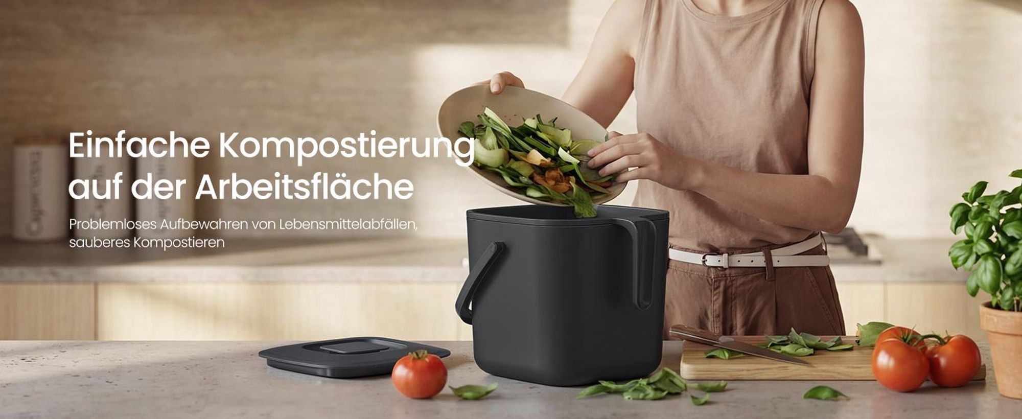 SONGMICS Geruchsdichter Komposteimer für die Küche, Biomülleimer mit Deckel und Griff, 7 L, 24 x 20 x 19,5 cm, Schwarz