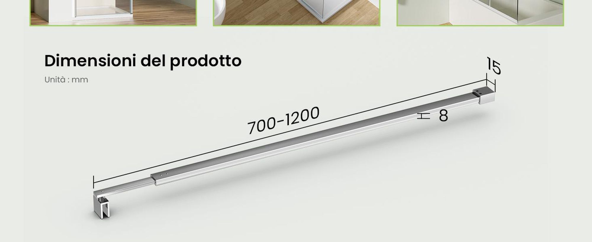 S'AFIELINA barra di fissaggio per schermo doccia 700-1200 mm, acciaio inox, stabilizzatore parete-vetro per vetro 8/10 mm, porta doccia o pannello laterale fisso, 1 pezzo