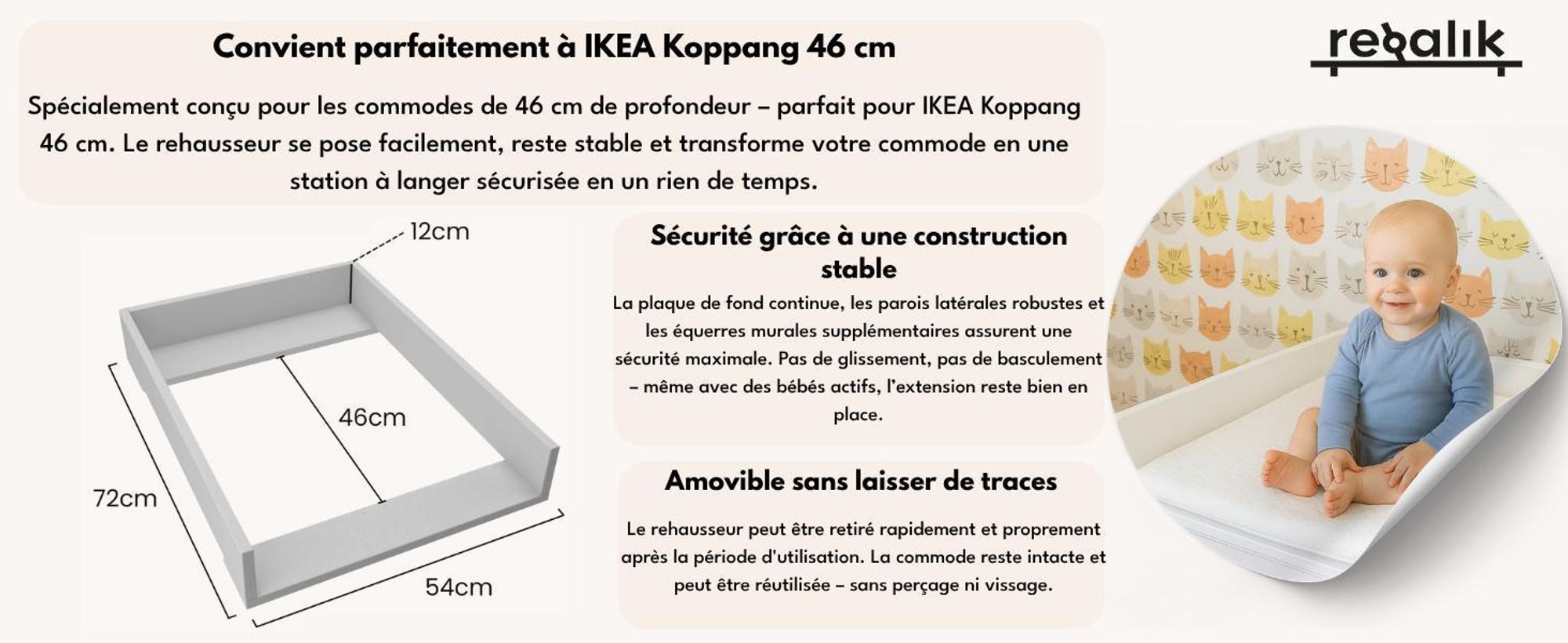 regalik Plan à Langer pour Koppang de IKEA, Extension pour Commode de 46 cm, Amovible, Plan à Langer avec Façades arrondis, Blanc
