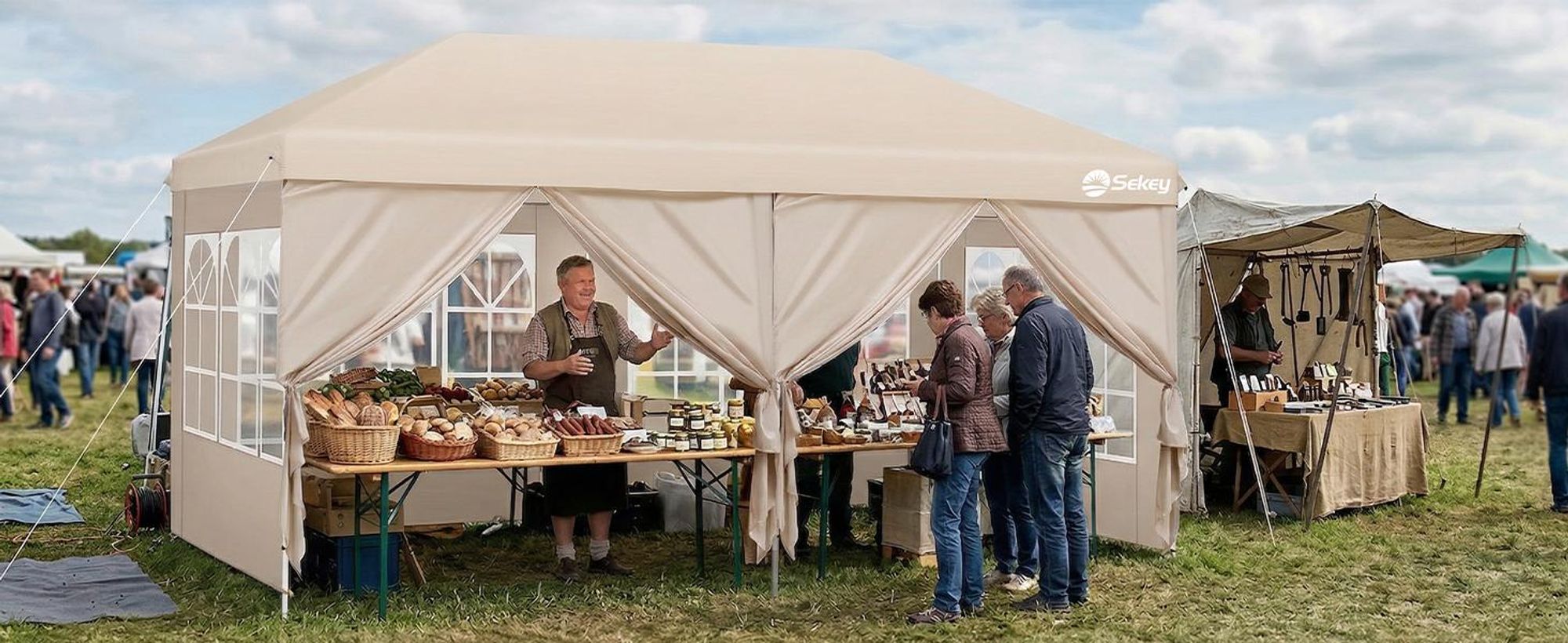 Sekey Faltpavillon 3x6 m wasserdicht UV50+ Gartenpavillon Partyzelt mit 6 Seitenteilen höhenverstellbar, Taupe