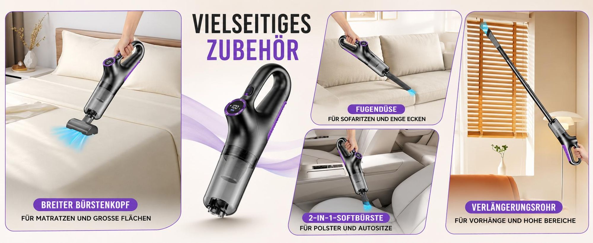 4-in-1 Akku-Staubsauger, 15.000 Pa, kabelloser Hand- und Stielstaubsauger mit LED-Anzeige & HEPA-Filter, für Hartboden, Teppich und Tierhaare, Lila